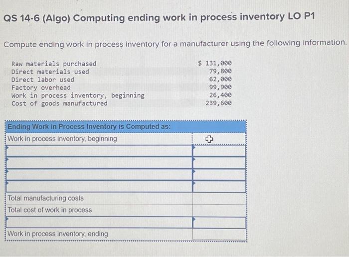 QS 14-6 (Algo) Computing ending work in process inventory LO P1