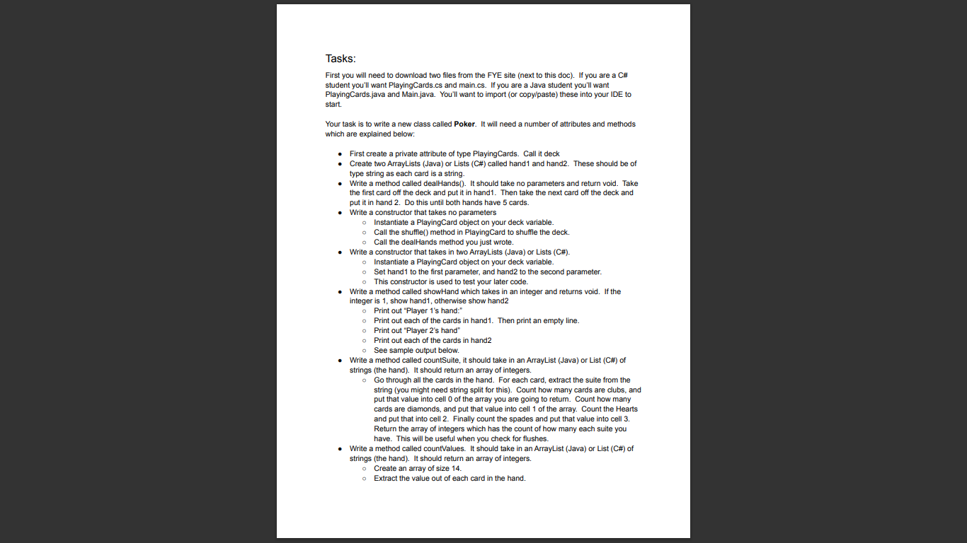 Need in Java. I have included code to copy from PlayingCards.java and