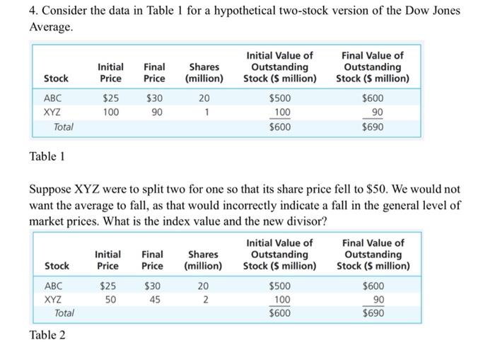  4. Consider the data in Table 1 for a hypothetical two-stock