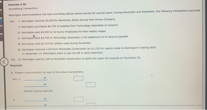  Exercise 2-50 Journalizing Transactions Remington Communications has been providing cellular phone