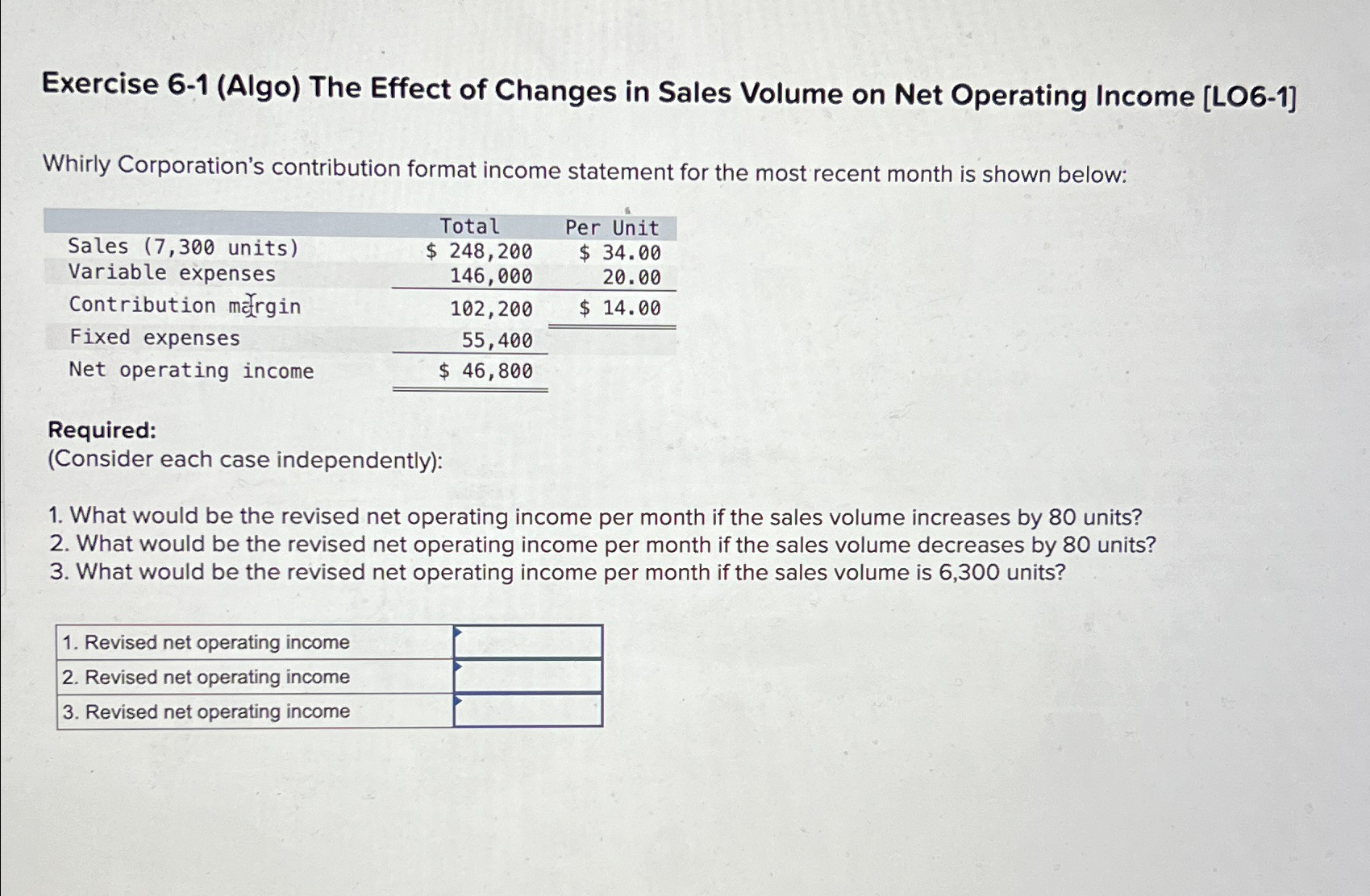  Exercise 6-1(Algo) The Effect of Changes in Sales Volume on Net