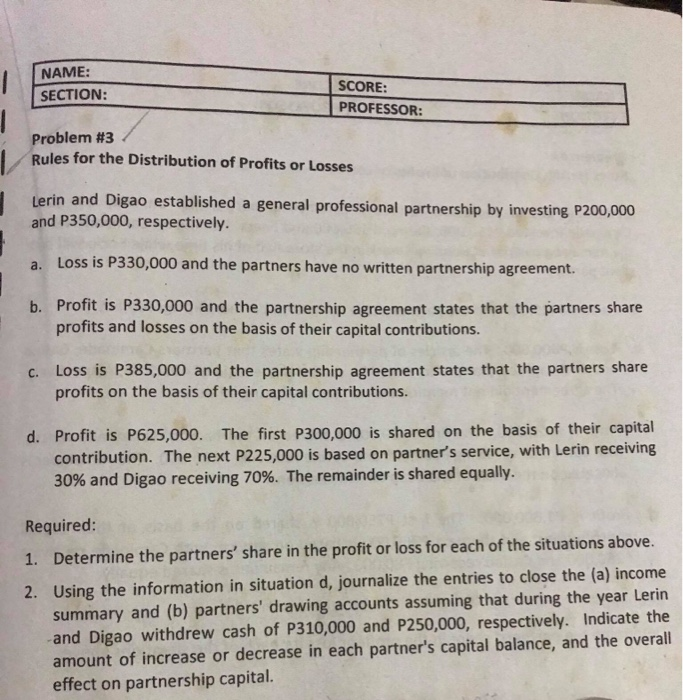  NAME: SECTION: SCORE: PROFESSOR: Problem #3 Rules for the Distribution of