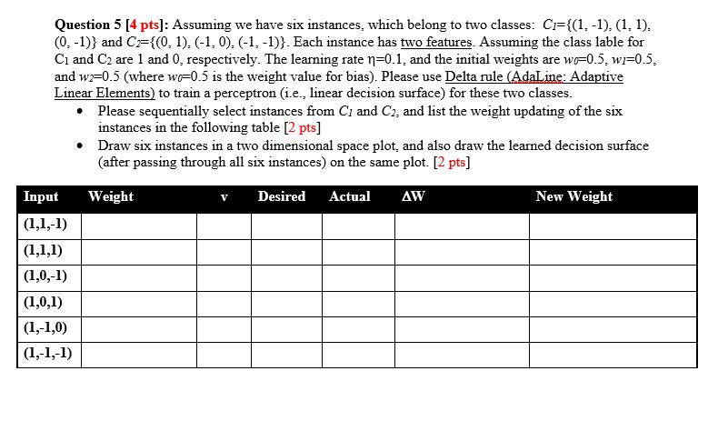  Question 5 [4 pts]: Assuming we have six instances, which belong