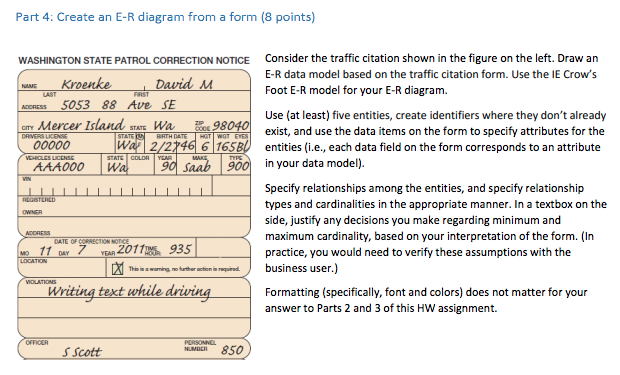 Please help! Part 4: Create an E-R diagram from a form (8