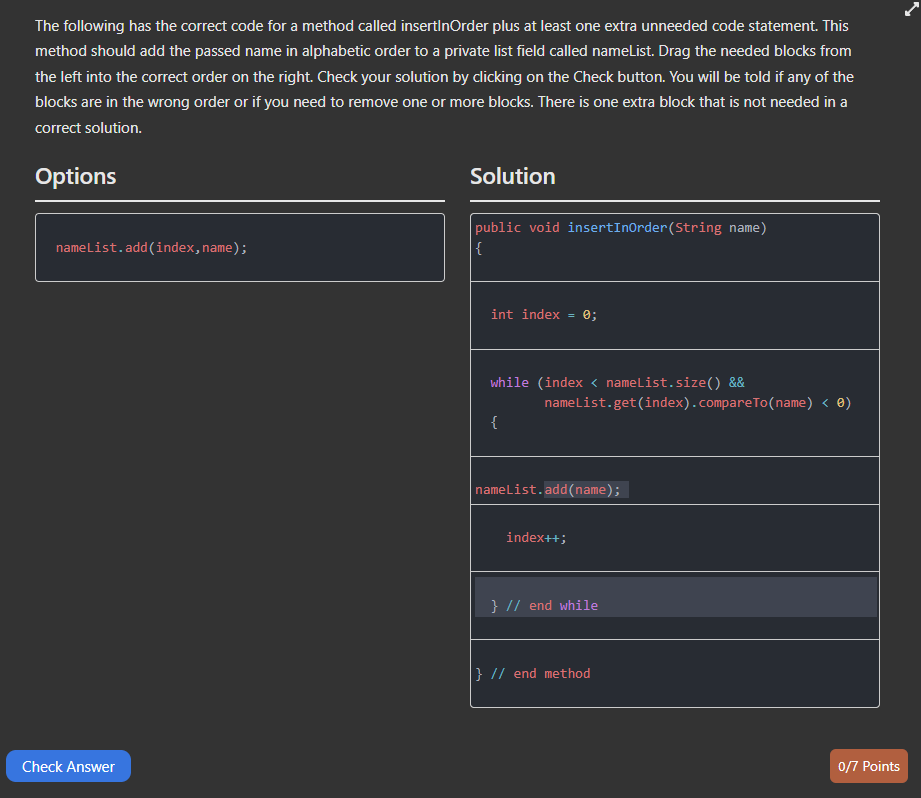  The following has the correct code for a method called insertlnOrder