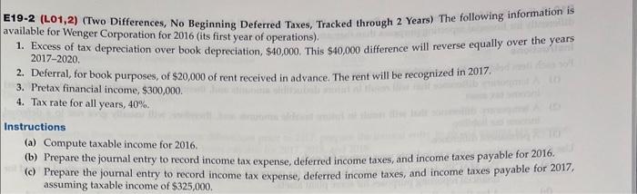  19-2 (L01,2) (Two Differences, No Beginning Deferred Taxes, Tracked through 2