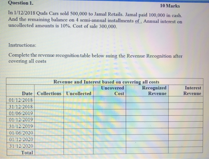  please fill the table in the picture Question 1. 10 Marks