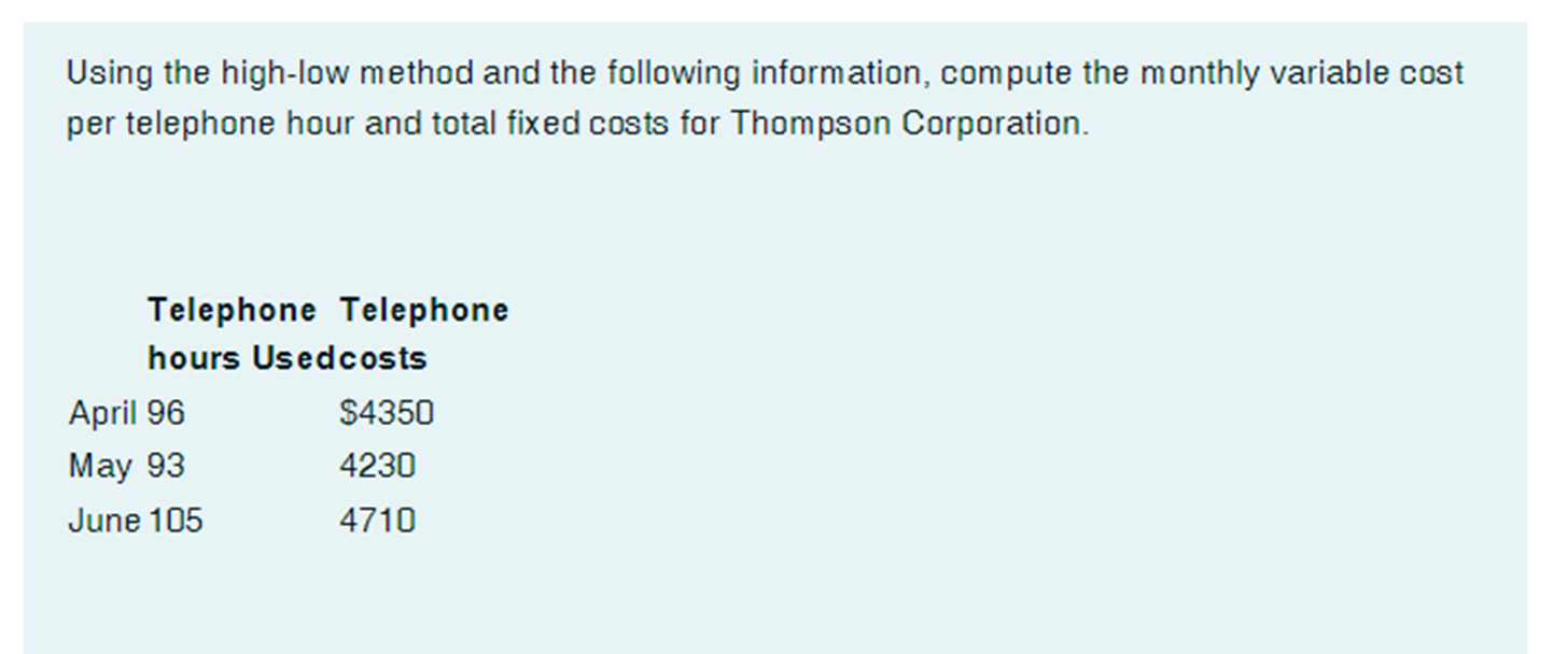  Using the high-low method and the following information, compute the monthly