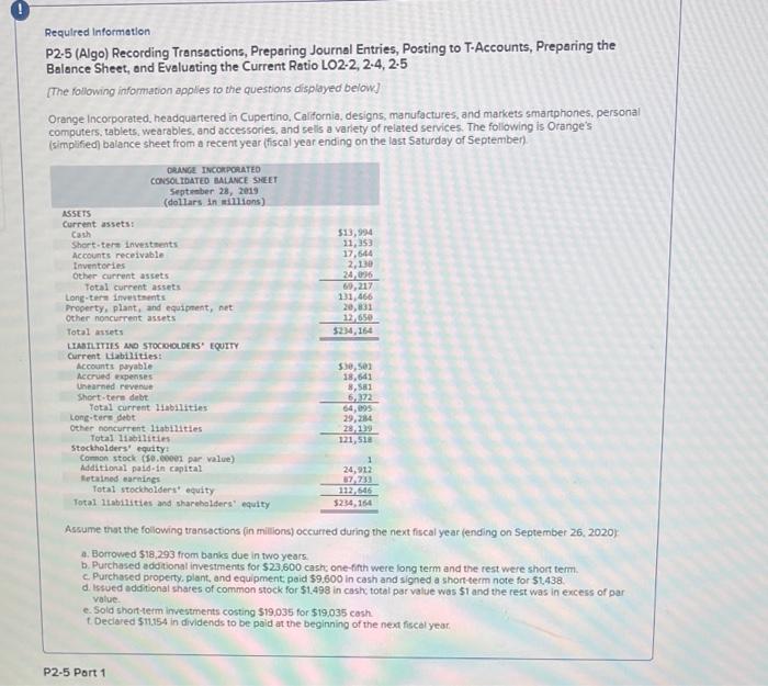 ? Requlred Information P2.5 (Algo) Recording Transactions, Prepering Journal Entries, Posting to