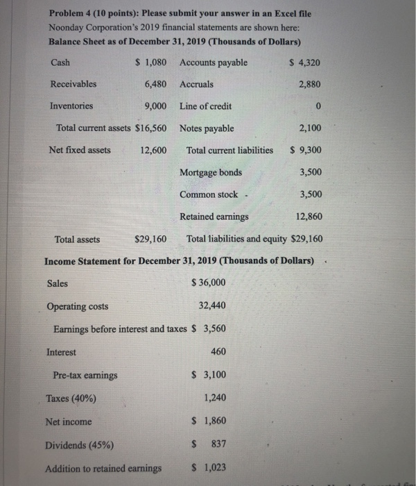  Problem 4 (10 points): Please submit your answer in an Excel