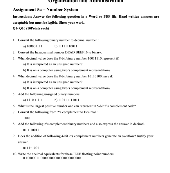  Urganization and Administration Assignment 5a - Number System Instructions: Answer the