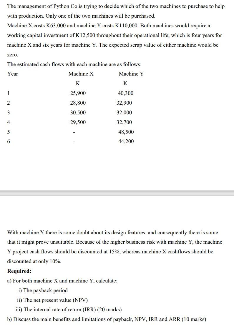 The management of Python Co is trying to decide which of