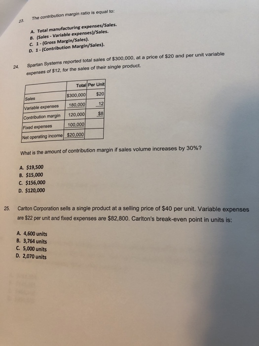  The contribution margin ratio is equal to: A Total manufacturing expenses/Sales.