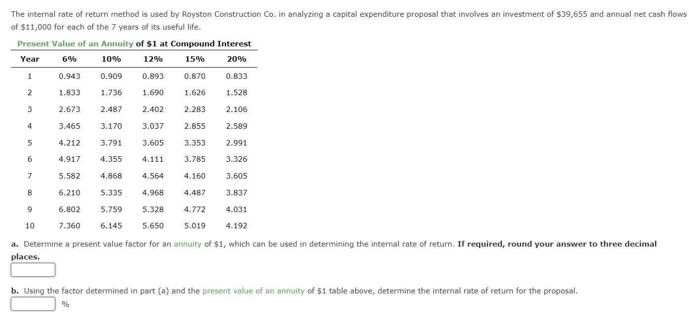  The internal rate of return method is used by Royston Construction