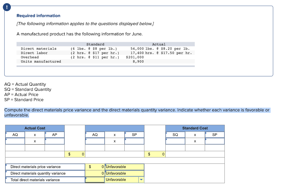 Compute the direct materials price variance and the direct materials quantity variance.