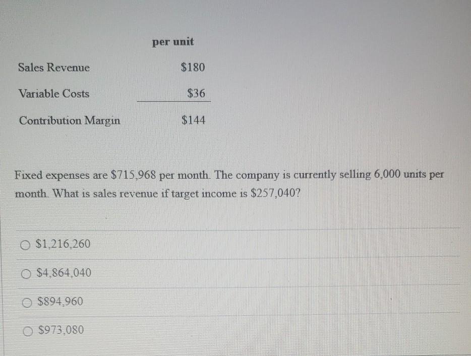  please solve and show work. will like per unit Sales Revenue