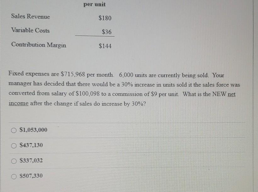 $894,960 O $973.080 per unit Sales Revenue $180 Variable Costs $36 Contribution