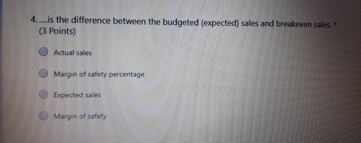  4.....is the difference between the budgeted (expected) sales and breakeven sales.