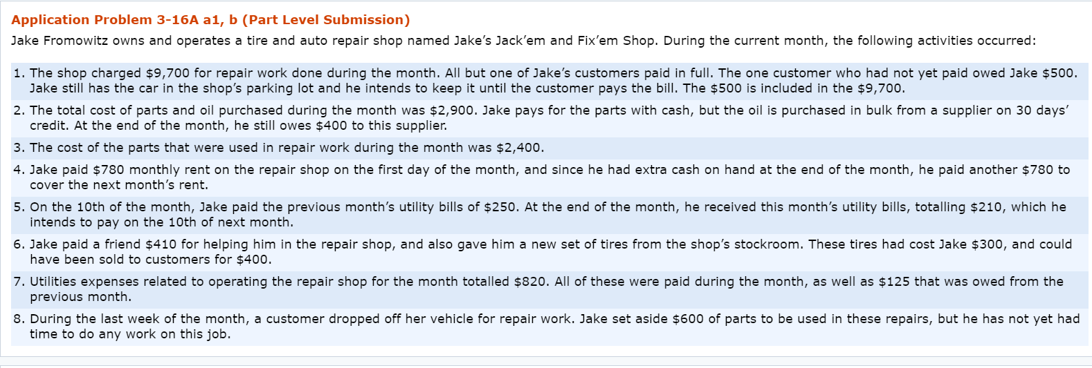  Application Problem 3-16A a1, b (Part Level Submission) Jake Fromowitz owns
