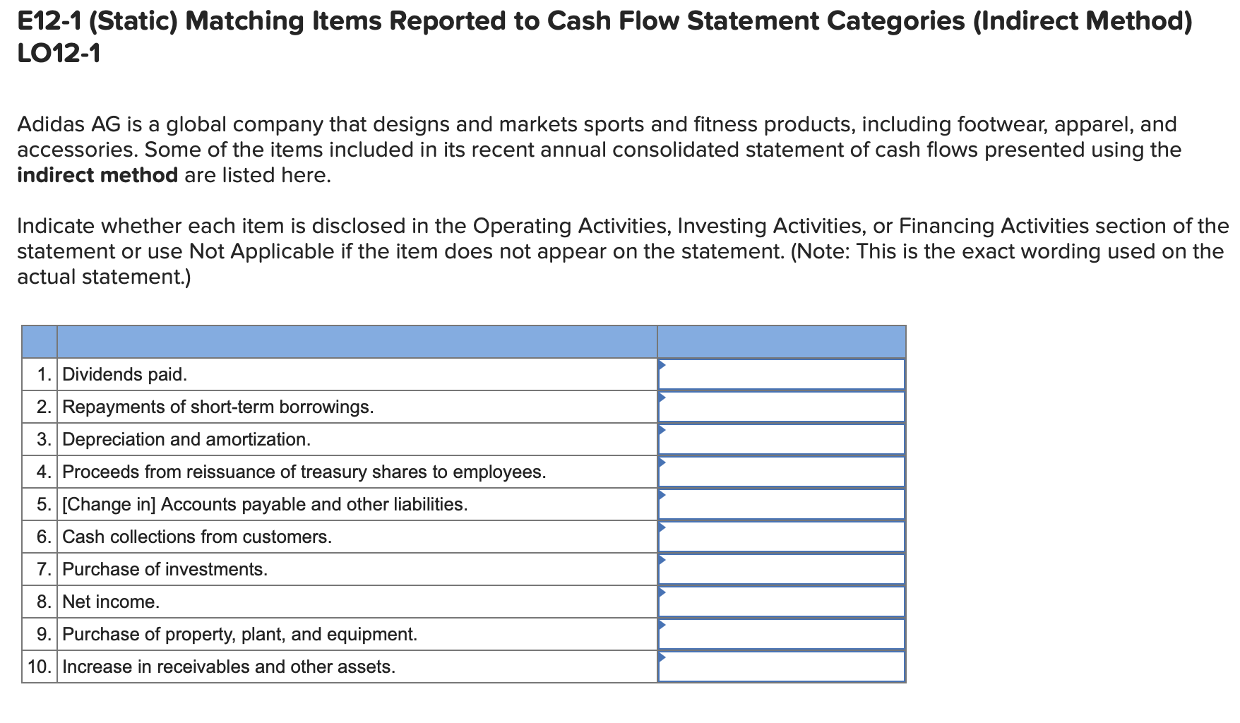  E12-1 (Static) Matching Items Reported to Cash Flow Statement Categories (Indirect