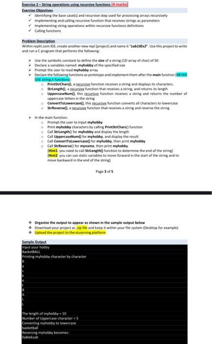 solve it with C language Exercise 2-String operations using resursive functions id