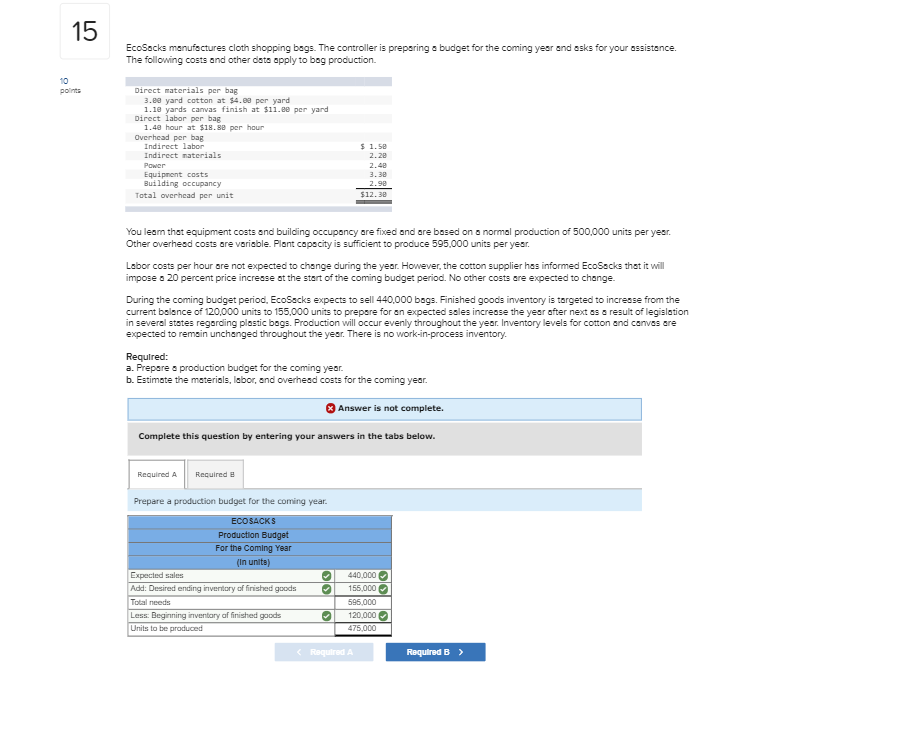 -Need Help with the last part which is part B EcoSacks manufactures