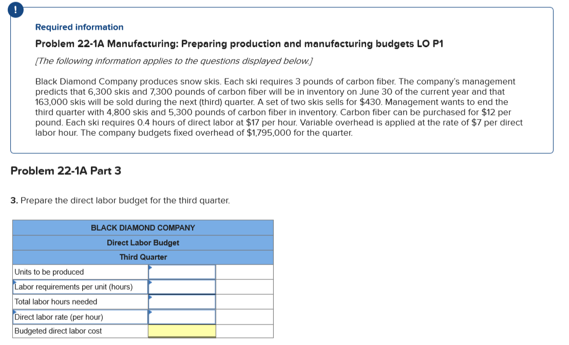the questions displayed below.) Black Diamond Company produces snow skis. Each ski