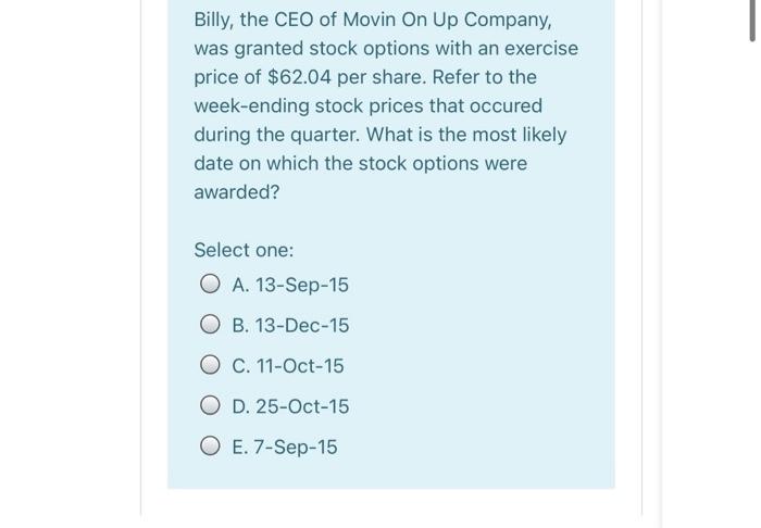 following are the week-ending stock prices that occurred during the quarter: Date