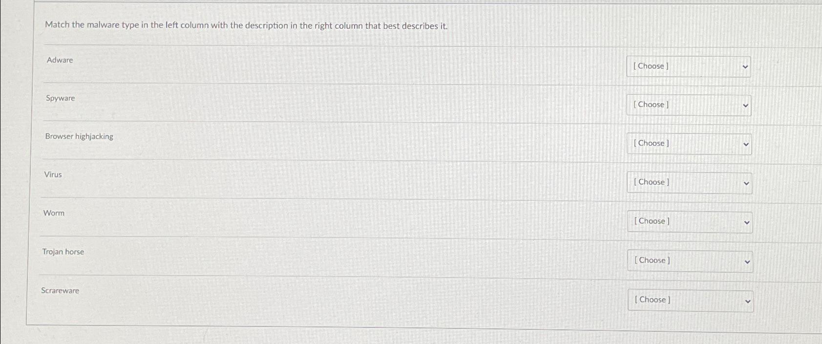  Match the malware type in the left column with the description