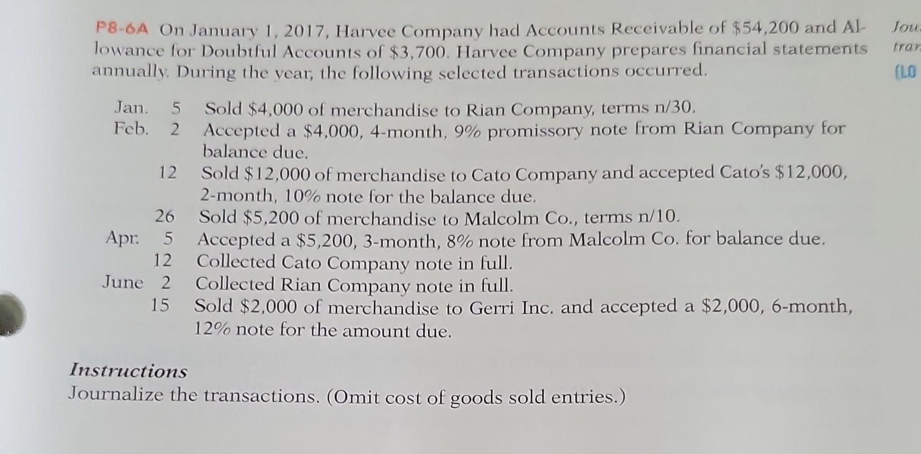  please solve with work shown P8-6A On January 1, 2017, Harvee