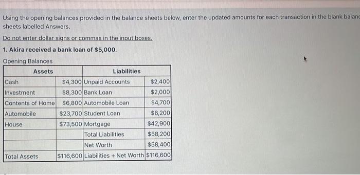  Using the opening balances provided in the balance sheets below, enter