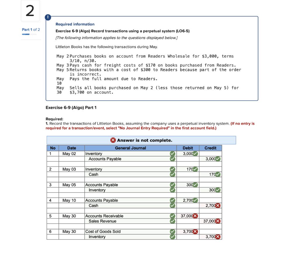  Required information Exercise 6-9 (Algo) Record transactions using a perpetual system