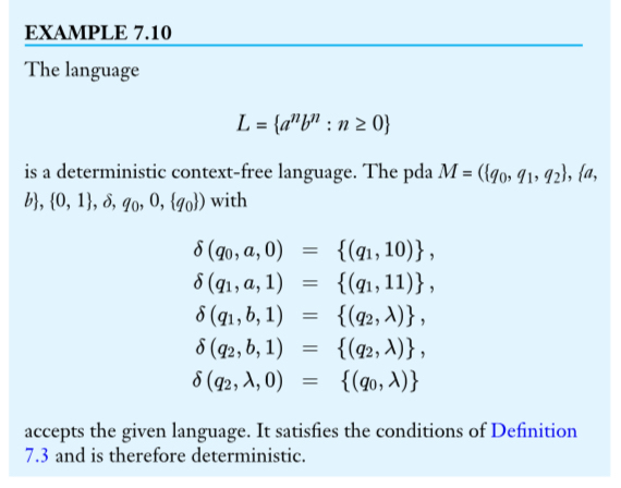  EXAMPLE 7.10 The language L={anbn:n0} is a deterministic context-free language. The