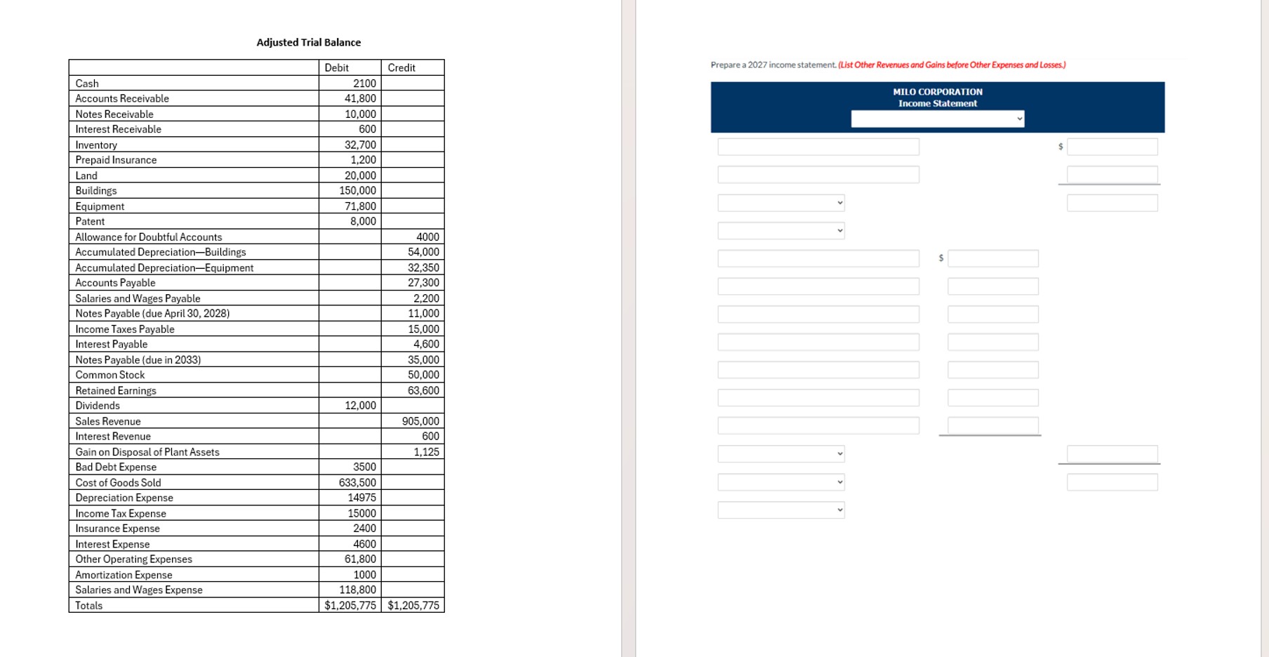  Adjusted Trial Balance \table[[,Debit,Credit],[Cash,2100,],[Accounts Receivable,41,800,],[Notes Receivable,10,000,],[Interest Receivable,600,],[Inventory,32,700,],[Prepaid Insurance,1,200,],[Land,20,000,],[Buildings,150,000,],[Equipment,71,800,],[Patent,8,000,],[Allowance for Doubtful Accounts,,4000],[Accumulated