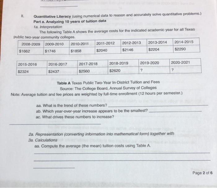 II. Quantitative Literacy (using numerical data to reason and accurately solve
