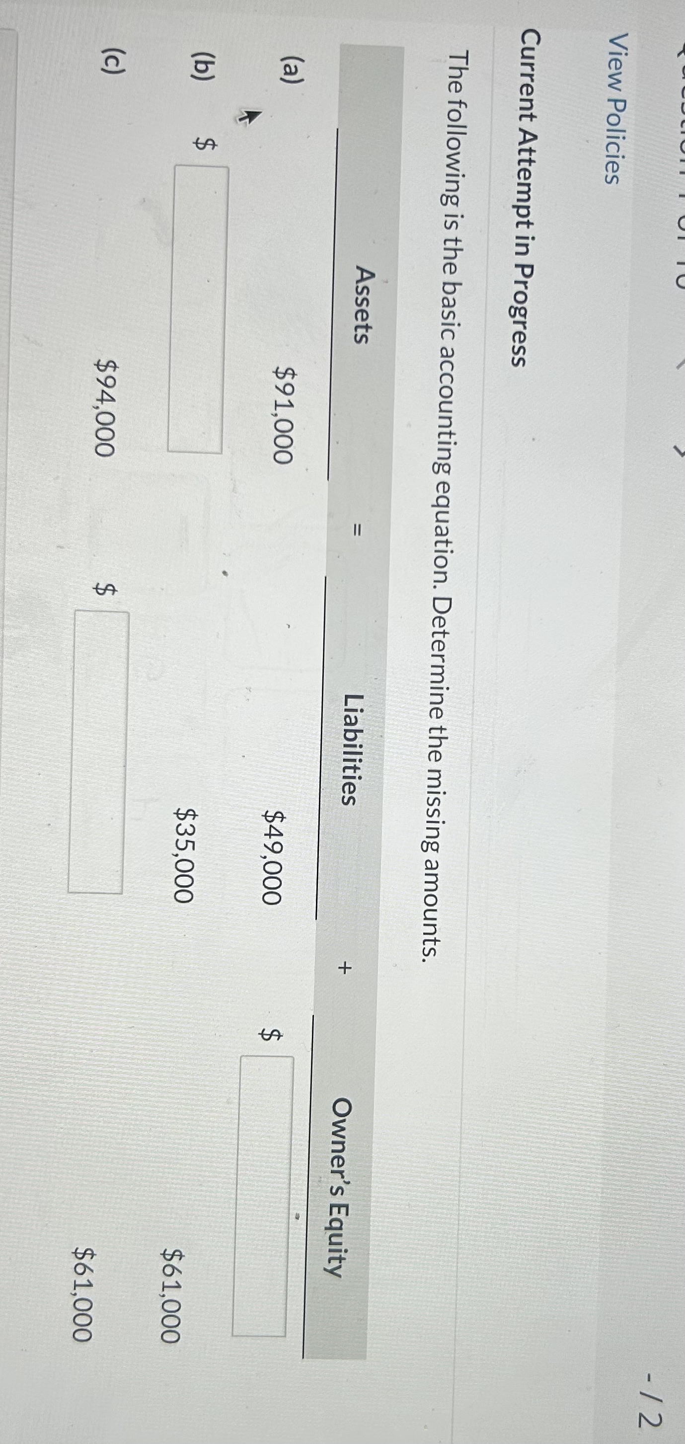  Current Attempt in Progress The following is the basic accounting equation.