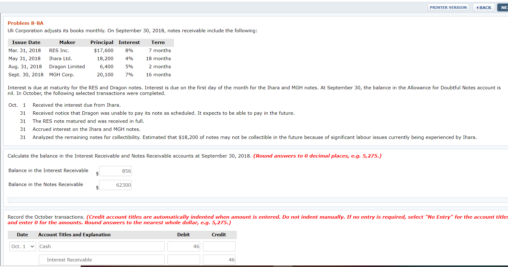  ACCOUNTING HELP!!! PRINTER VERSION 4 BACK NE Problem 8-8A Uli Corporation