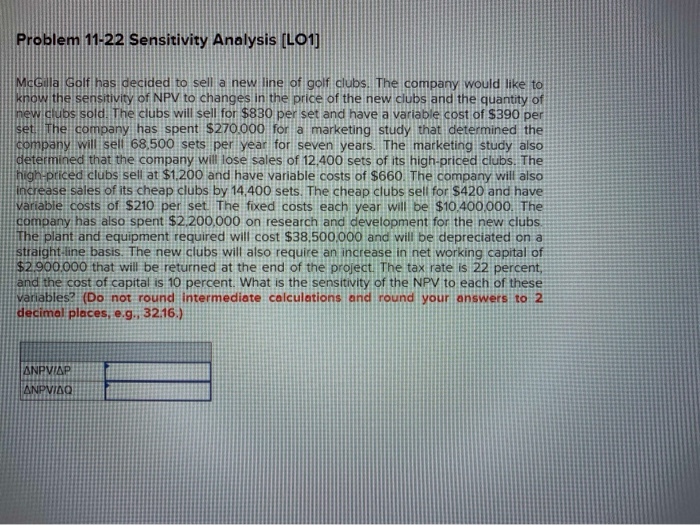  Problem 11-22 Sensitivity Analysis [LO1] McGilla Golf has decided to sell