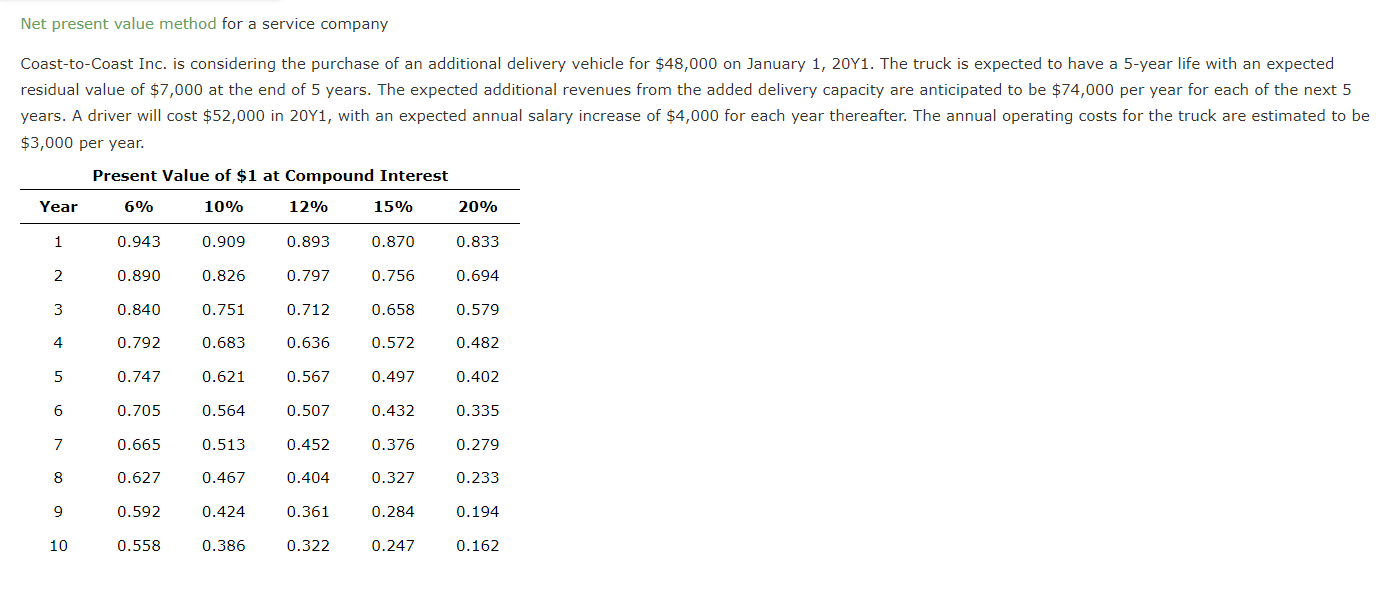 Net present value method for a service company Coast-to-Coast Inc. is