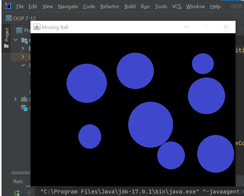 Using the Java language, create a frame containing moving balls as in