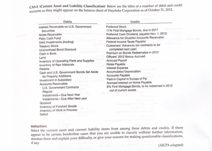  CA5-2 (Current Asset and Liability Classification) Below are the titles of