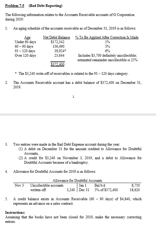1. Problem 7-5 (Bad Debt Reporting) The following information relates to