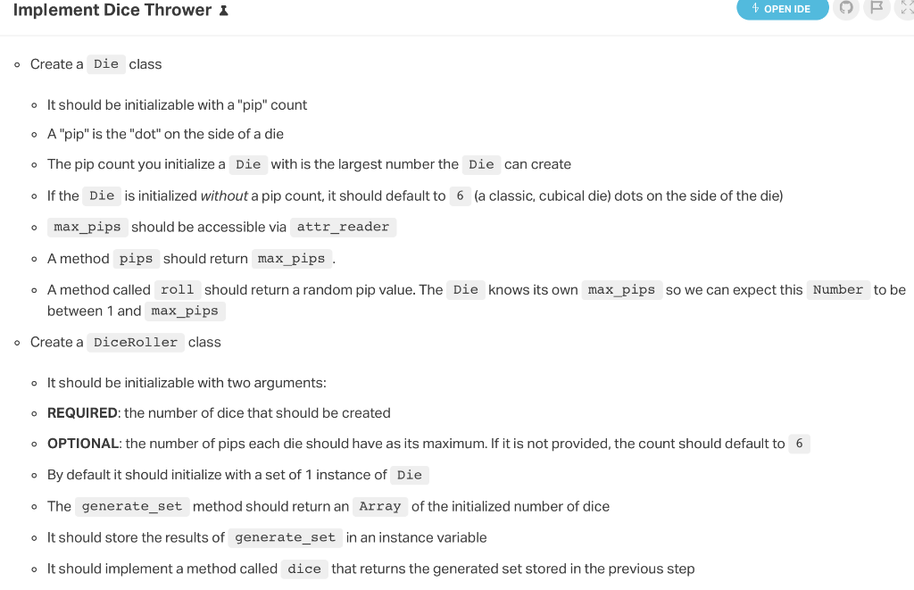 (RUBY) Implement Dice Thrower : 4 OPEN IDE Create a Die