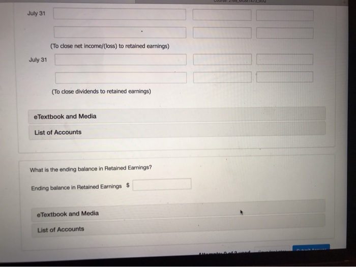 Inc. for the month ended July 31 shows Service Revenue $17.470, Salaries
