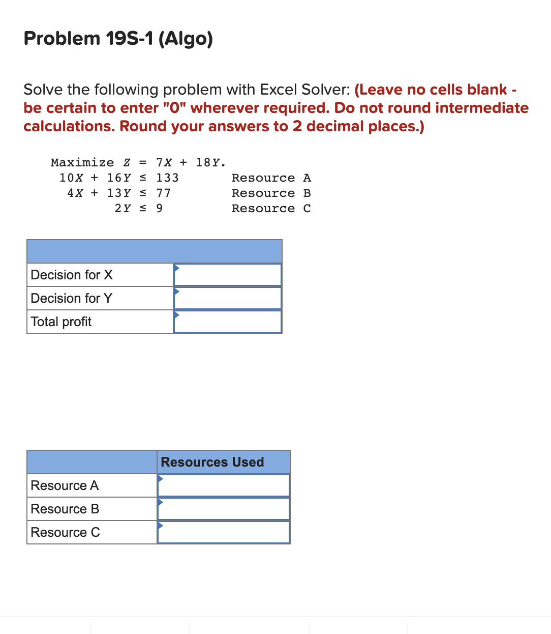  Problem 19S-1(Algo) Solve the following problem with Excel Solver: (Leave no