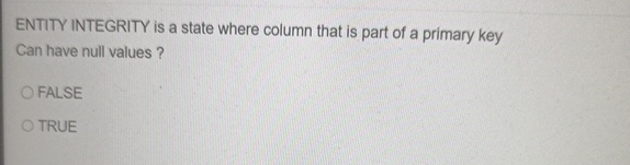  ENTITY INTEGRITY is a state where column that is part of