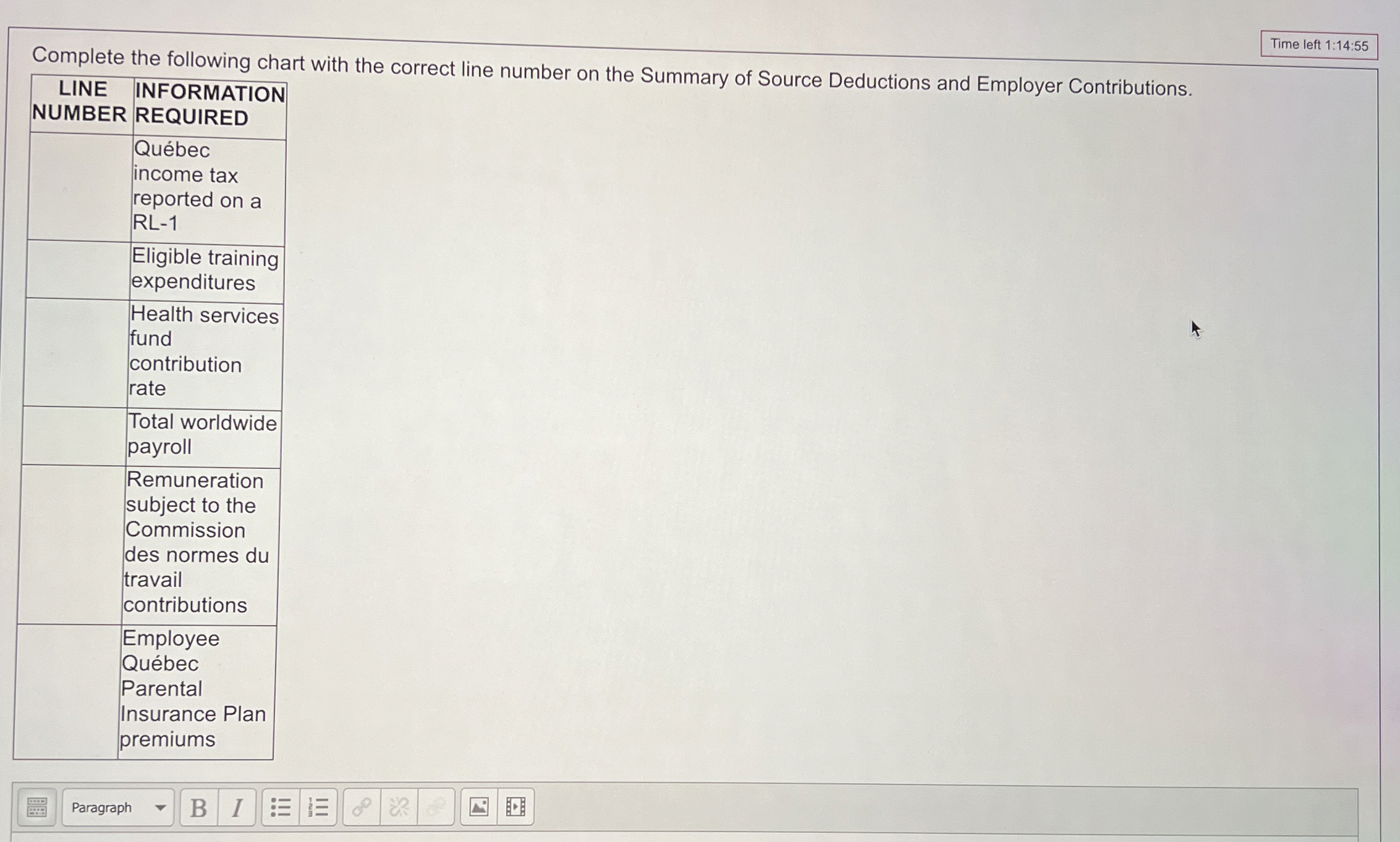  Time left 1:14:55 Complete the following chart with the correct line