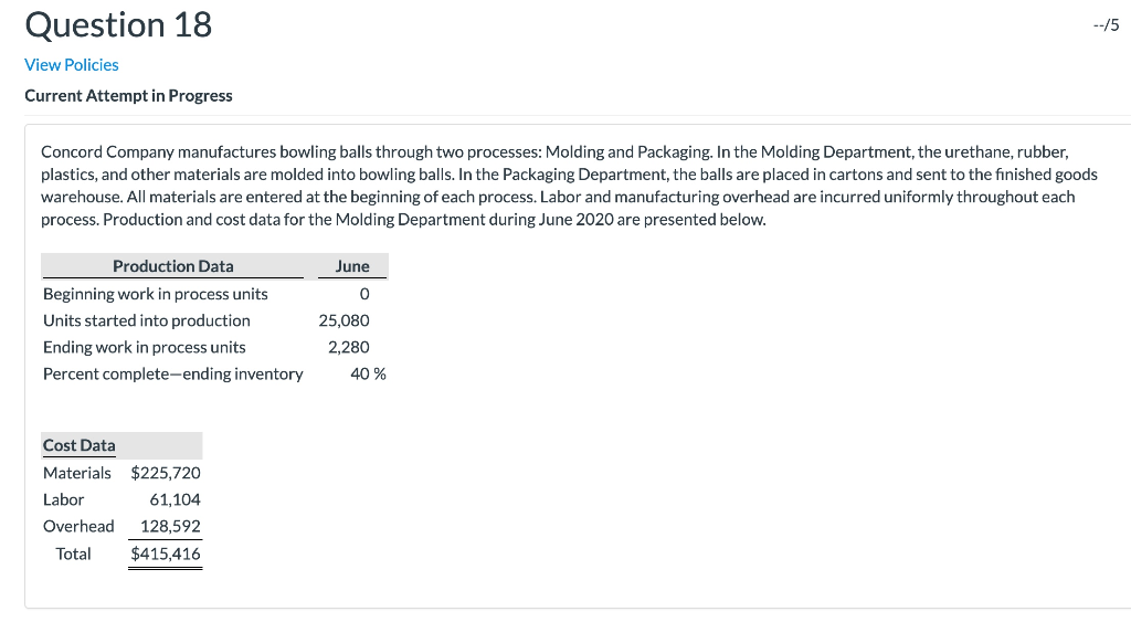 Question 18 --15 View Policies Current Attempt in Progress Concord Company