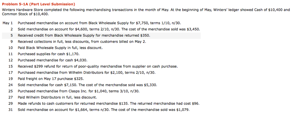 Winters Hardware Store Accounting Homework! Problem 5-1A (Part Level Submission) Winters Hardware