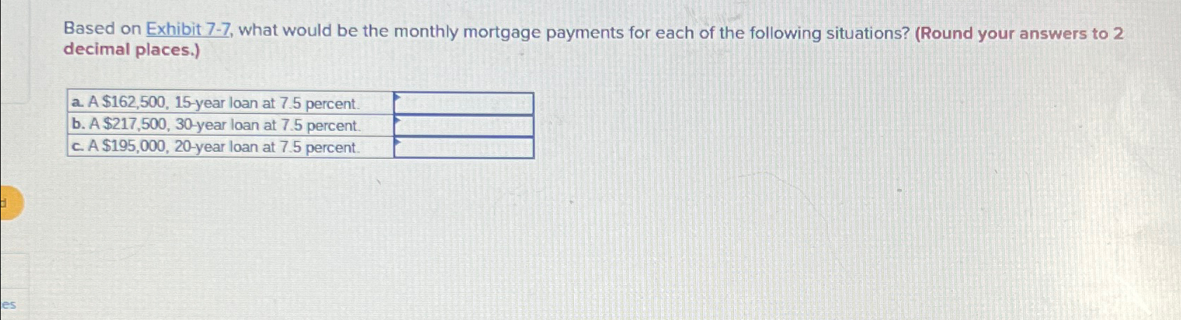  Based on Exhibit 7-7, what would be the monthly mortgage payments